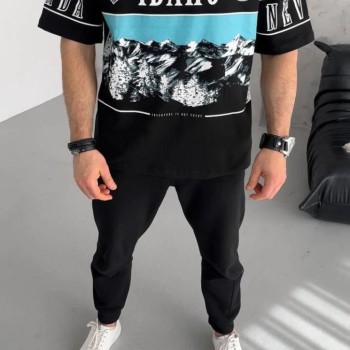 Erkek  Baskılı Yarım Fermuarlı  Kısa kol T-Shirt - Siyah
